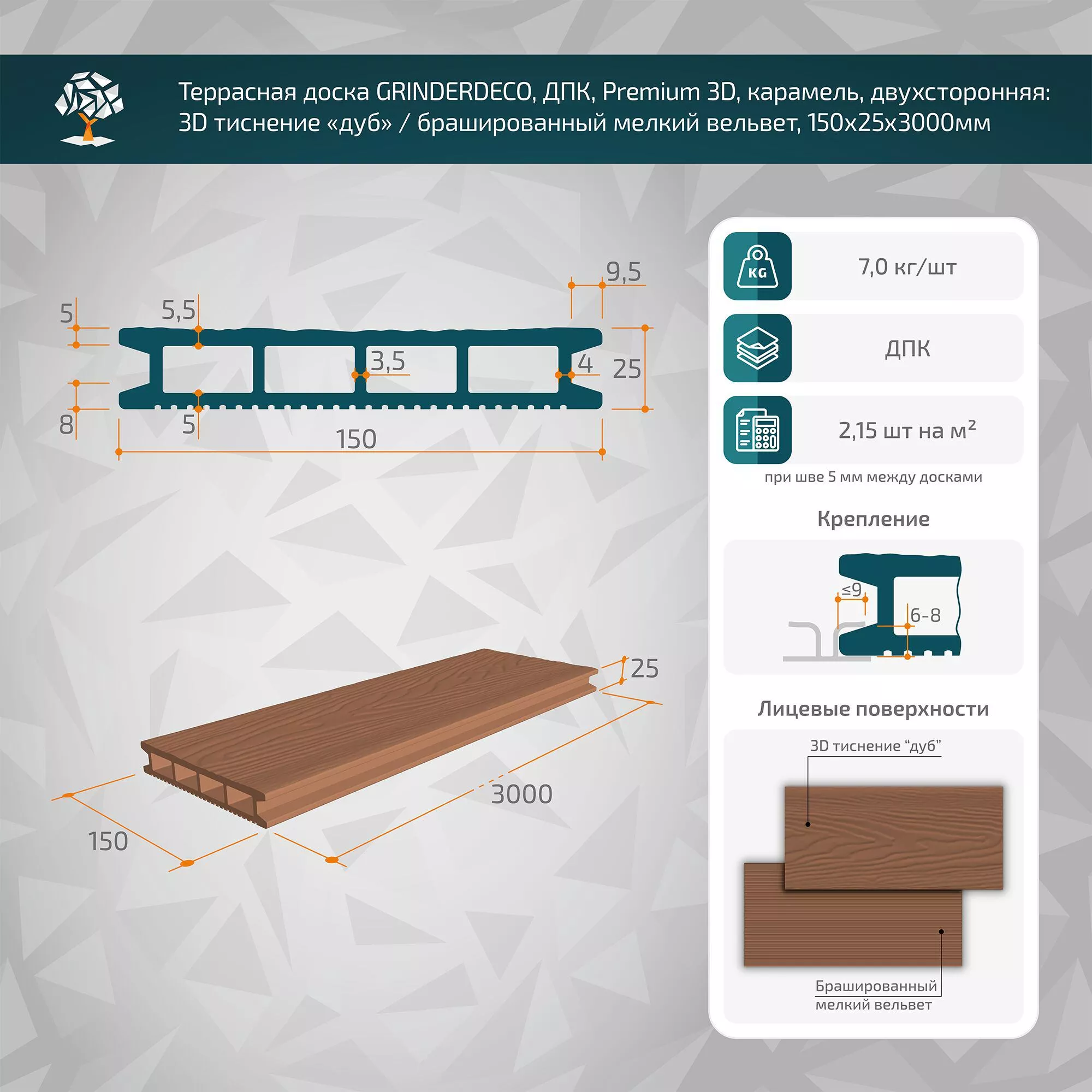 Террасная доска GRINDERDECO, ДПК, карамель, брашированный мелкий вельвет, 150х25х3000мм купить в екатеринбурге