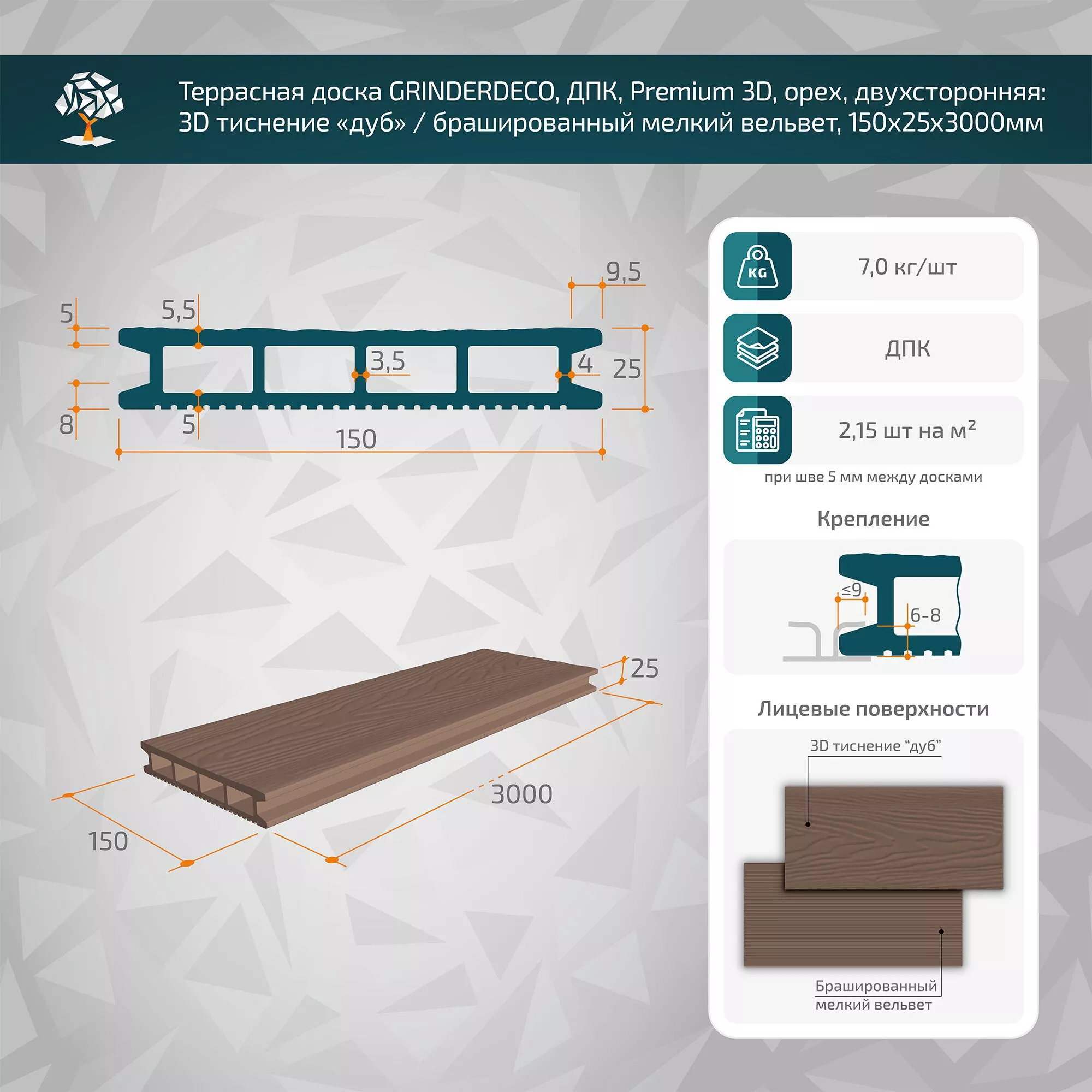 Террасная доска GRINDERDECO, ДПК, орех, брашированный мелкий вельвет, 150х25х3000мм купить в екатеринбурге
